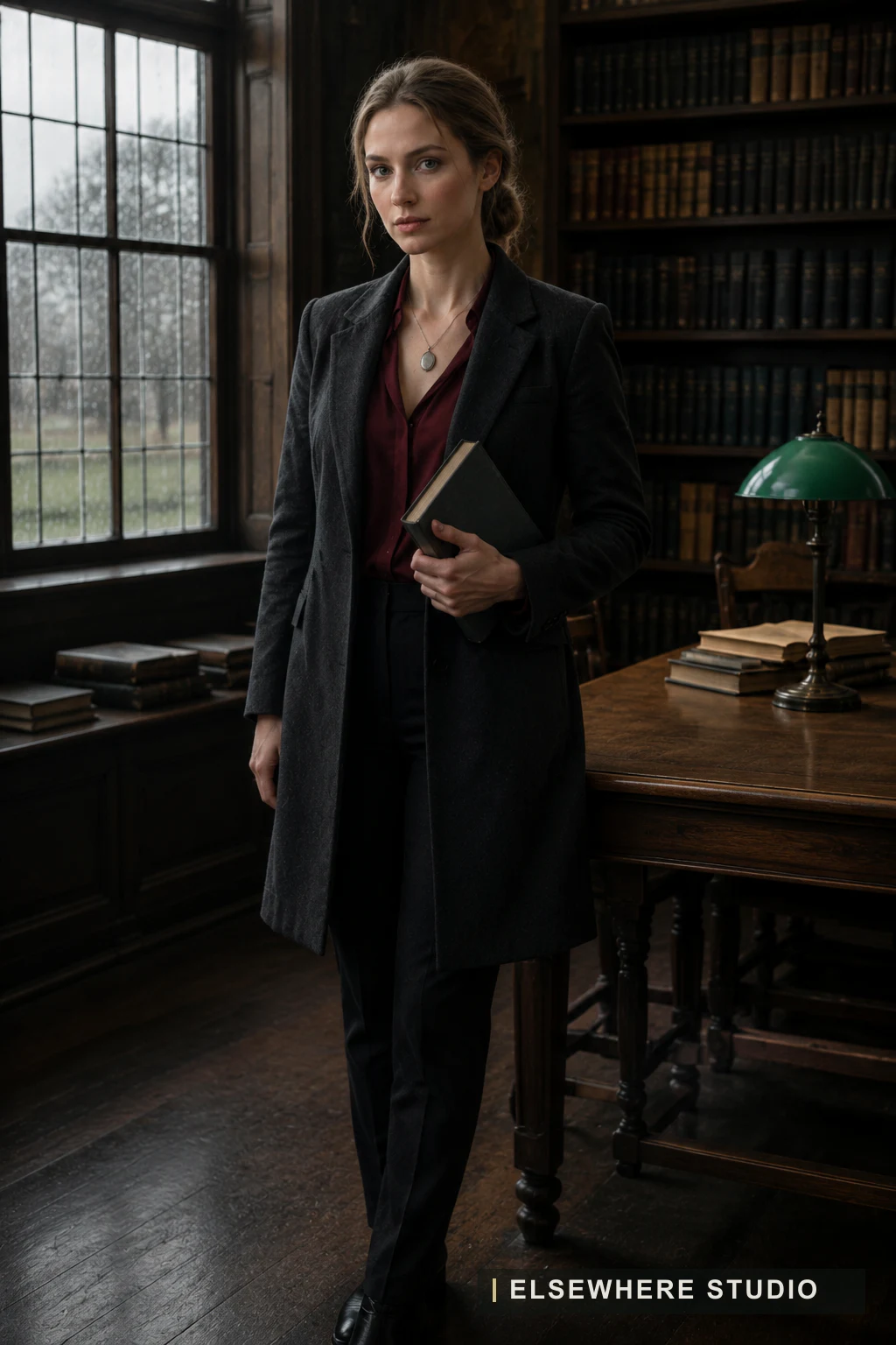 An adult Persona entering a Forgotten Library reading room with one closed book.