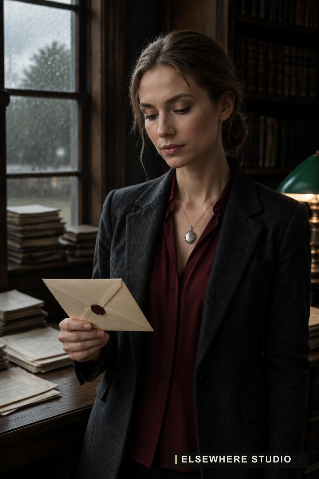 An adult Persona noticing a sealed letter in a Forgotten Library.