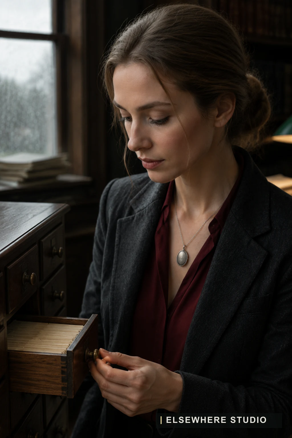 An adult Persona opening an oak index drawer in a Forgotten Library.