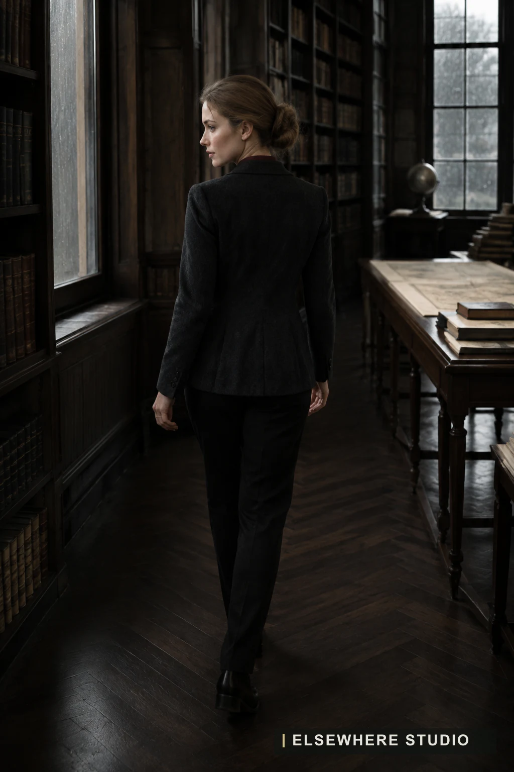 An adult Persona walking between tall library shelves.
