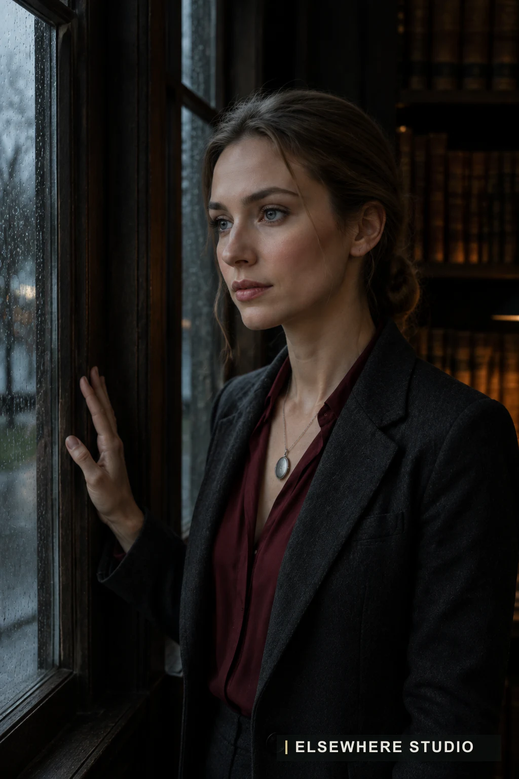 An adult Persona touching the inside face of an oak window frame in a rainy library.
