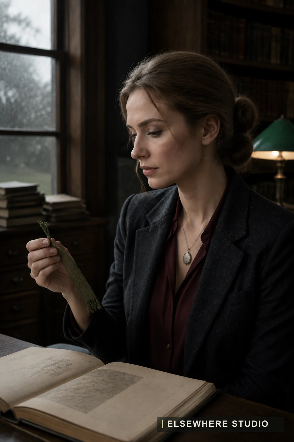 An adult Persona noticing a slim green bookmark above an open manuscript.
