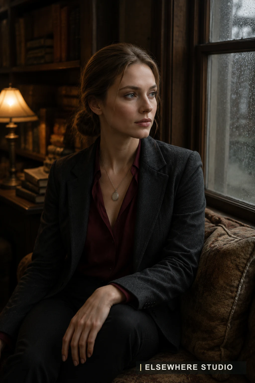 An adult Persona resting at a rain-dark library window seat.