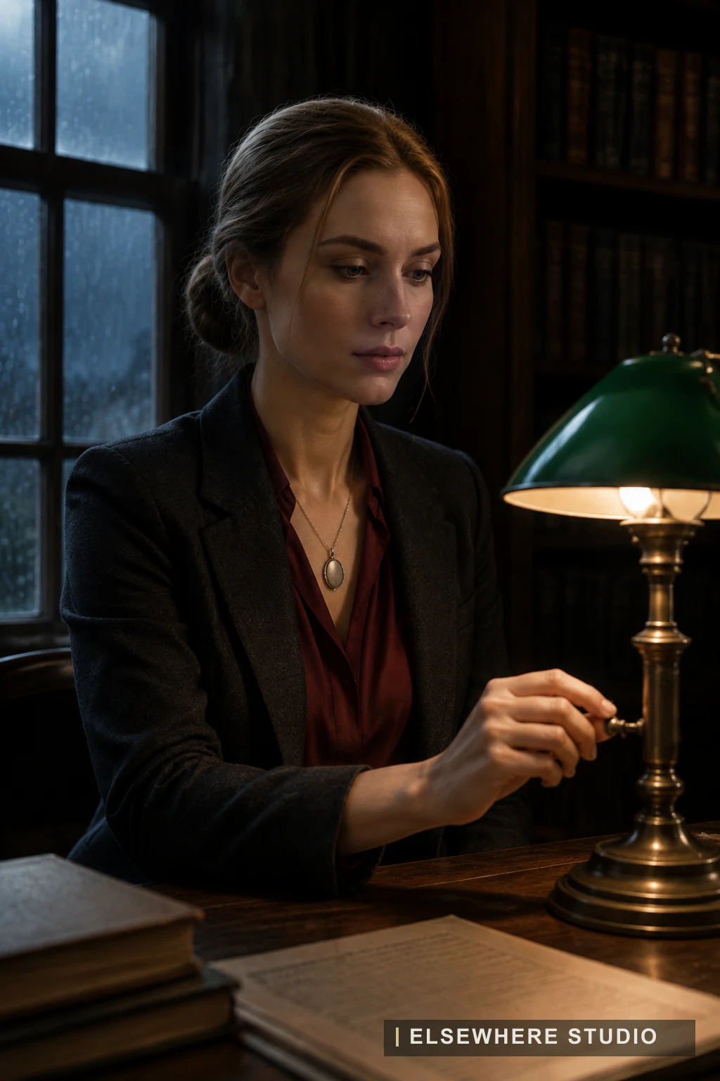 An adult Persona turning the brass switch on a green-shaded library lamp.