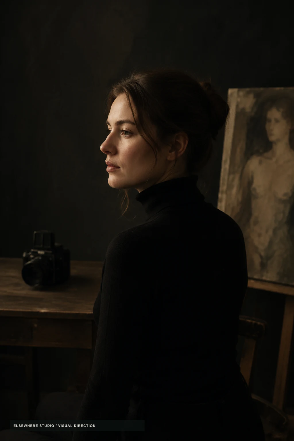 Editorial portrait for Visual Direction in a quiet dark art studio